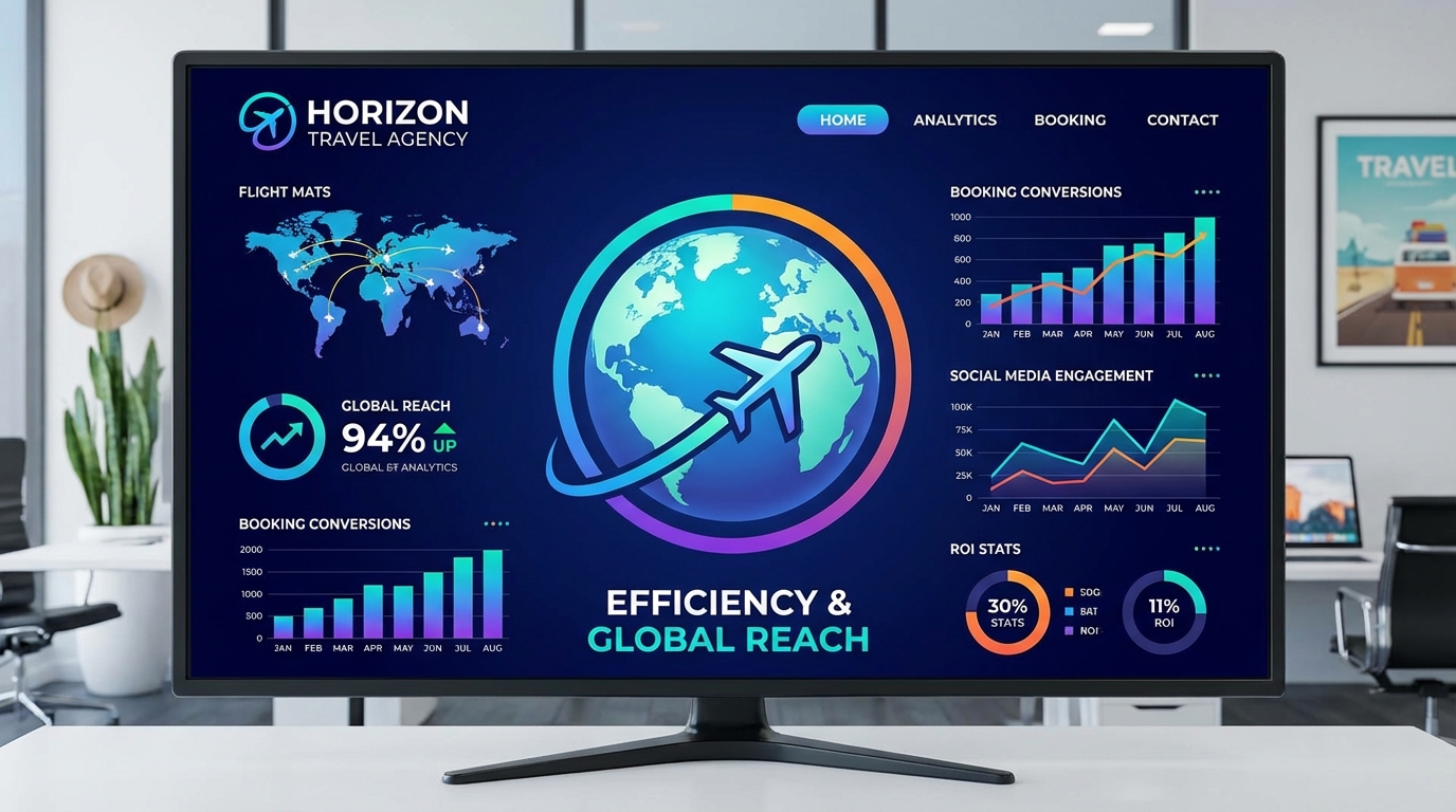 Dashboard de marketing digital para agência de viagens exibindo métricas de performance e planejamento.