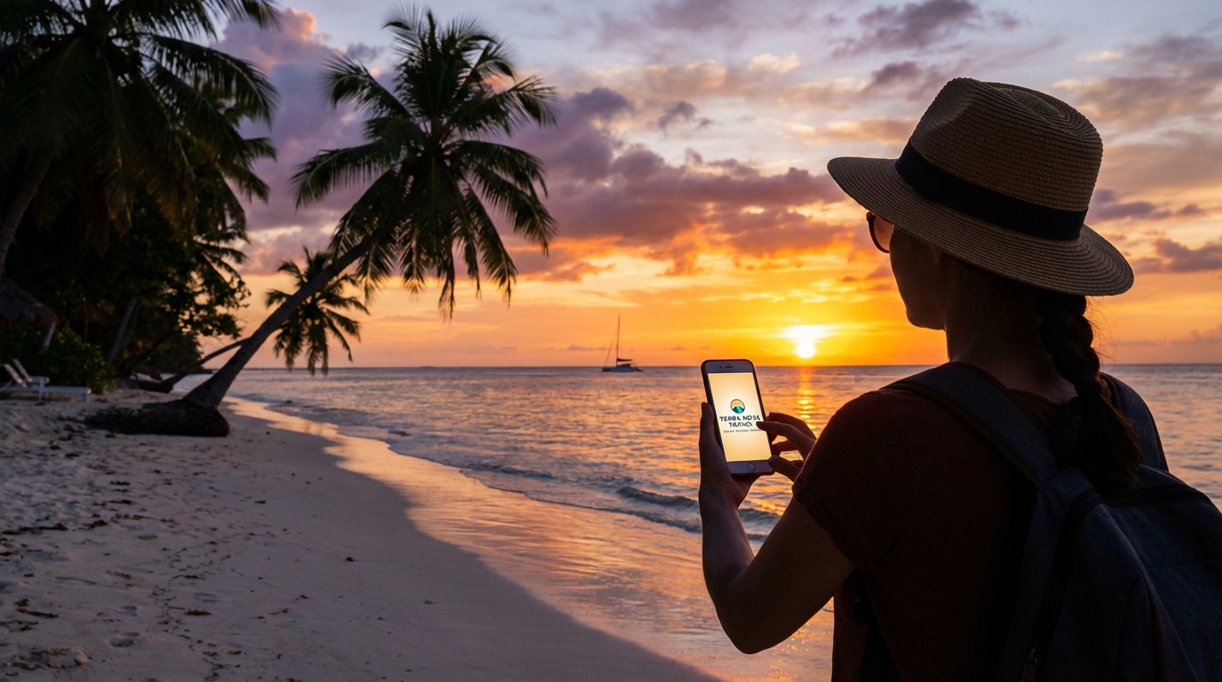 Vista deslumbrante de praia tropical ao pôr do sol com logotipo de agência de viagens, simbolizando a conexão digital com destinos paradisíacos.