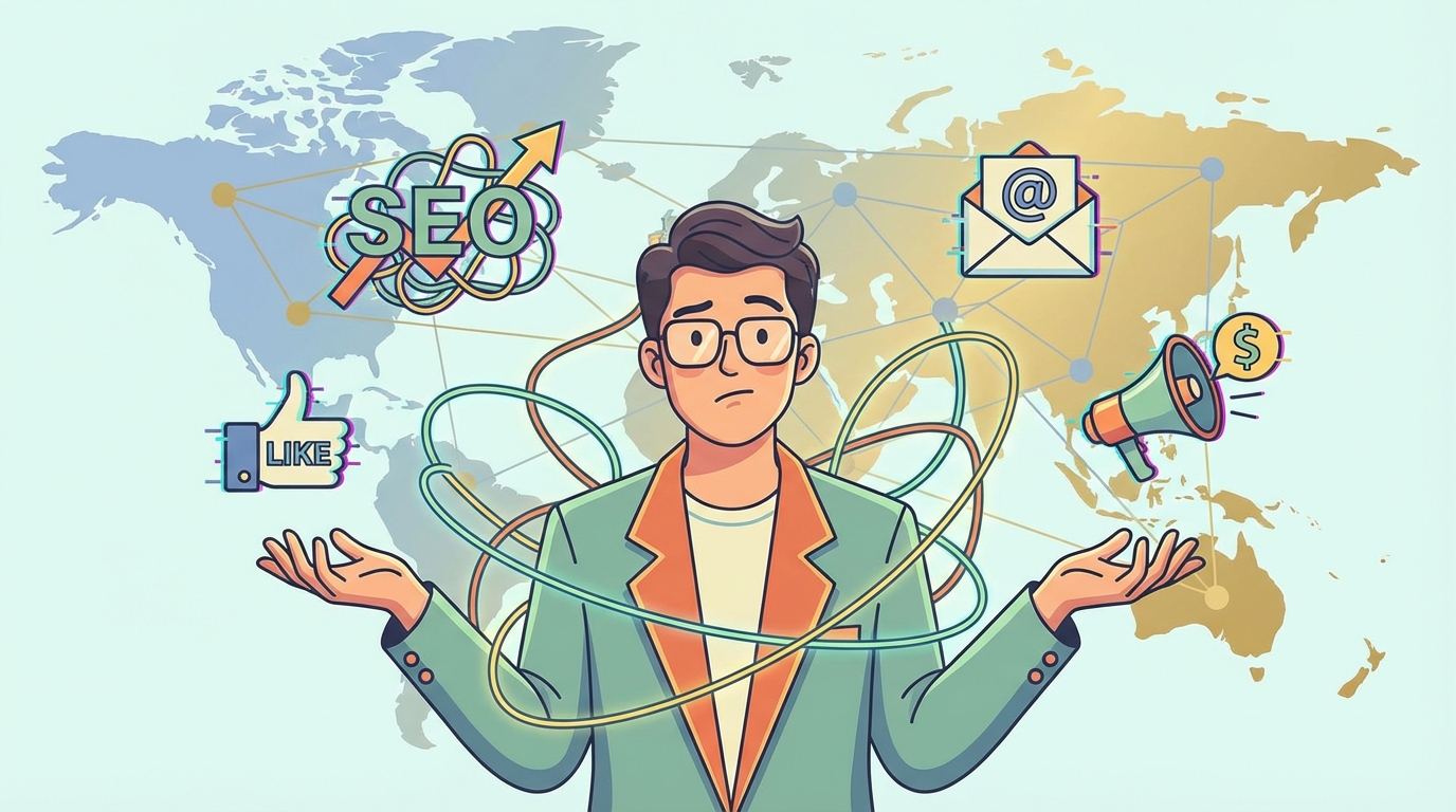 Agente de viagens confuso com desafios de marketing digital