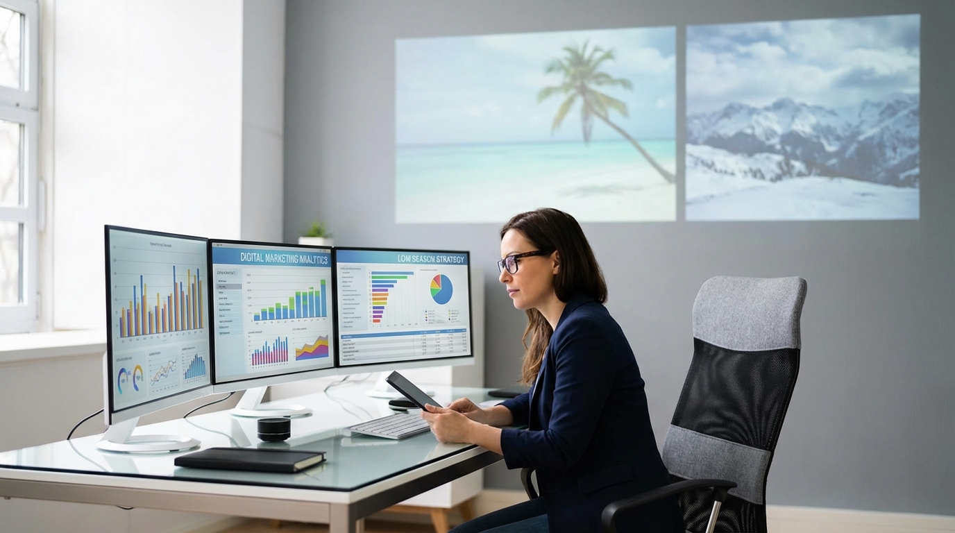 Agência de viagens usando marketing digital para captar clientes na baixa temporada, com gráficos de performance e destinos turísticos visíveis