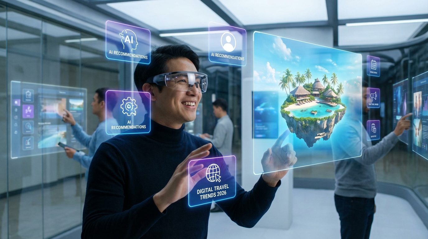 Interface futurista de agência de viagens com recomendações personalizadas e elementos de IA/AR/VR.